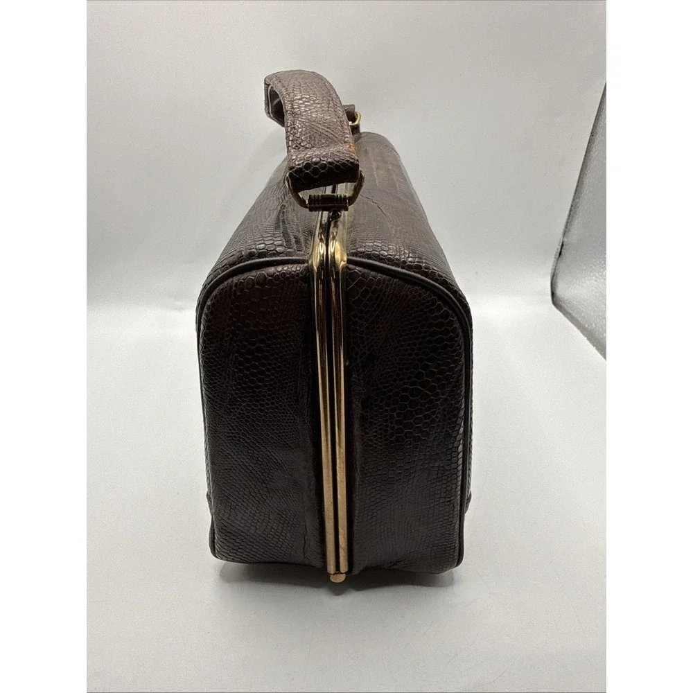 Vintage 1950's Alligator Lizard Brown Hand Bag Purse Gold Accents